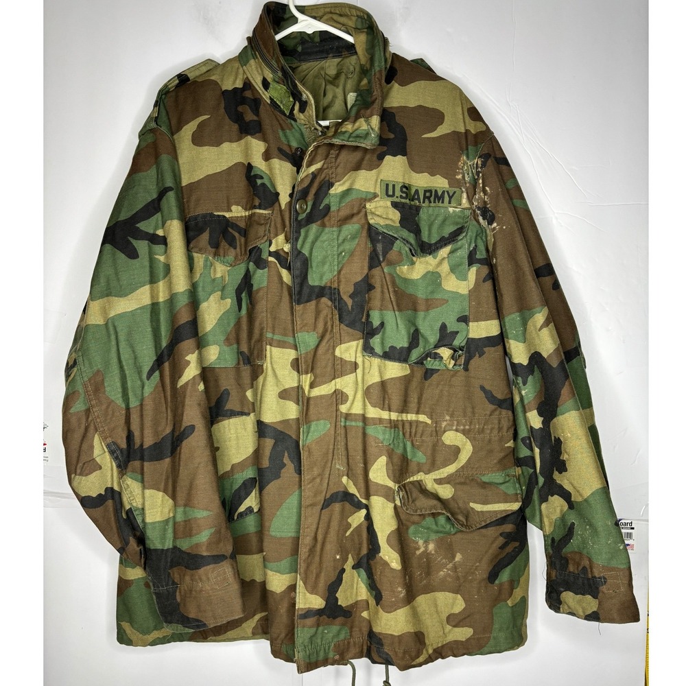 US Army‎ M65 Field Jacket Woodland Camo Distressed Military Coat Mens Large Vtg